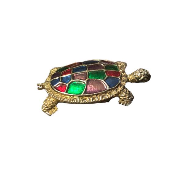 Turtle Brooch Multicolored Painted Shell Signed Pin 1995 BG Bergdorf Goodman - Picture 4 of 6